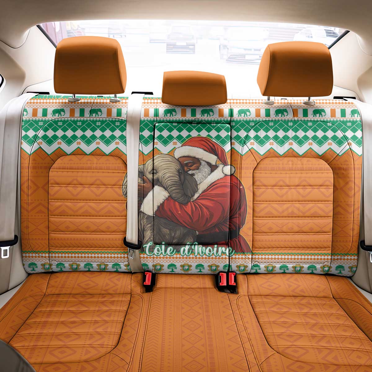 Ivory Coast Christmas Back Car Seat Cover Black Santa With Forest Elephant - Wonder Print Shop