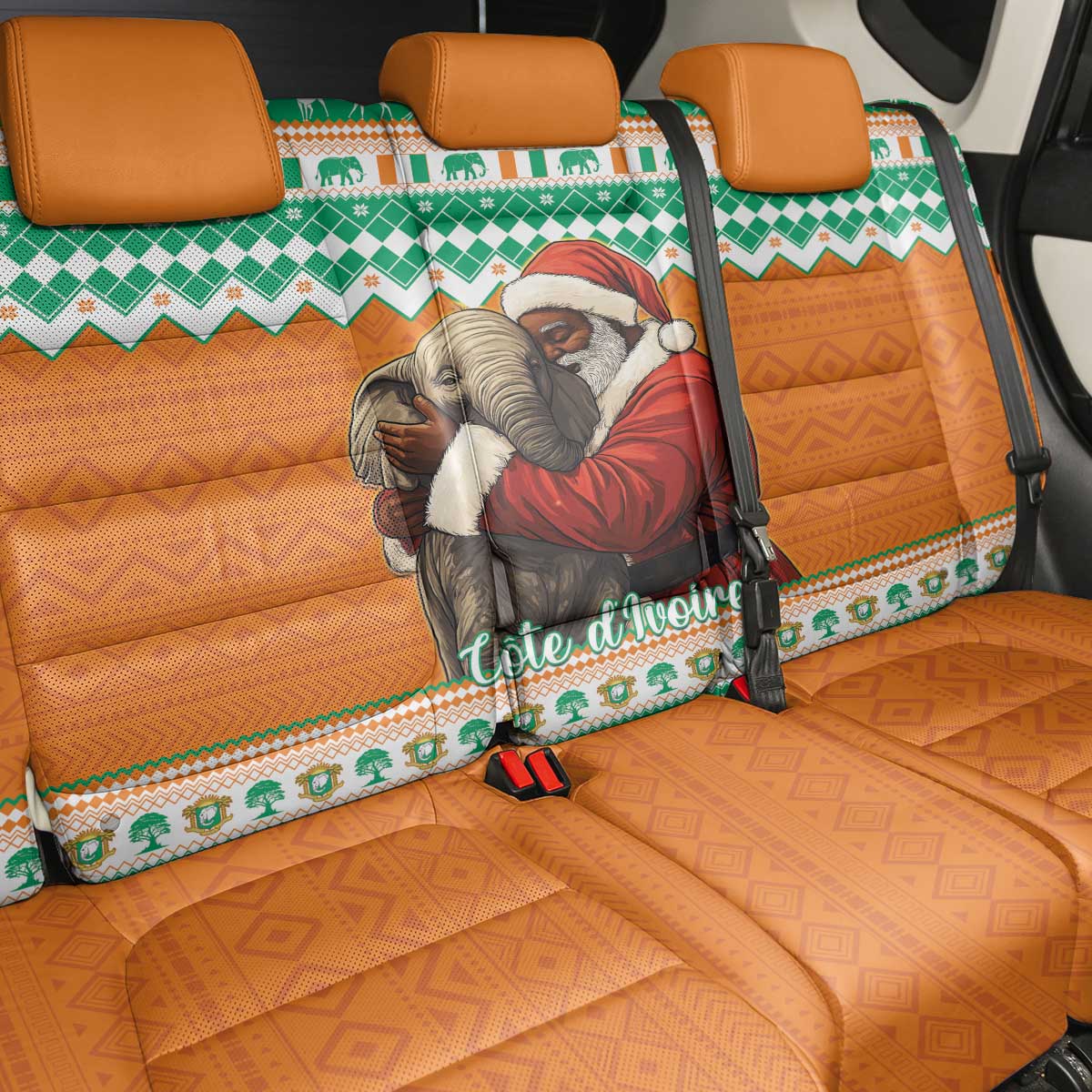 Ivory Coast Christmas Back Car Seat Cover Black Santa With Forest Elephant - Wonder Print Shop
