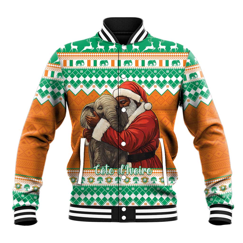 Ivory Coast Christmas Baseball Jacket Black Santa With Forest Elephant - Wonder Print Shop