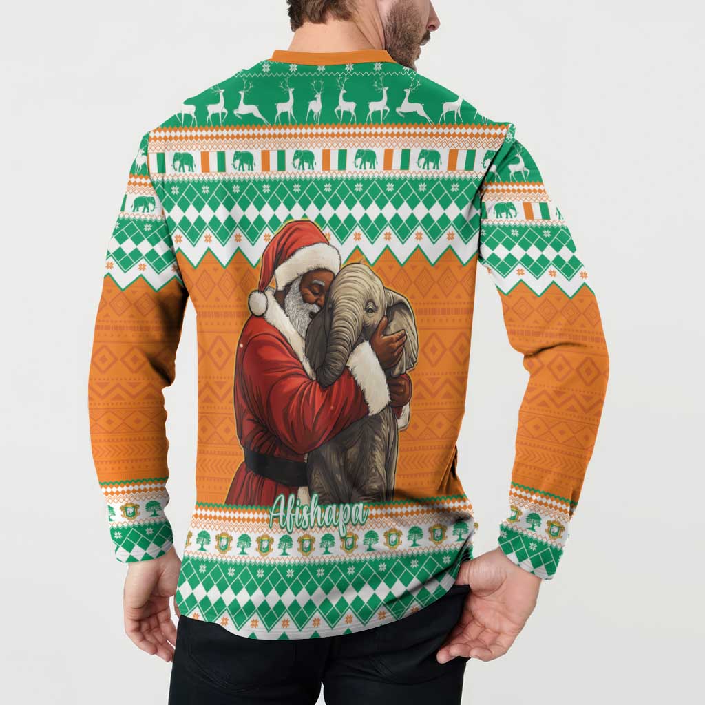 Ivory Coast Christmas Button Sweatshirt Black Santa With Forest Elephant - Wonder Print Shop