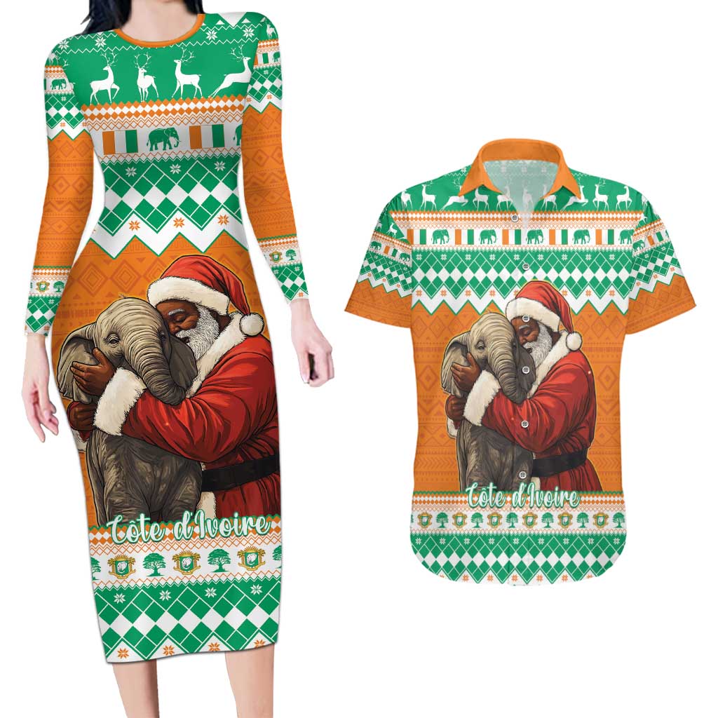Ivory Coast Christmas Couples Matching Long Sleeve Bodycon Dress and Hawaiian Shirt Black Santa With Forest Elephant - Wonder Print Shop