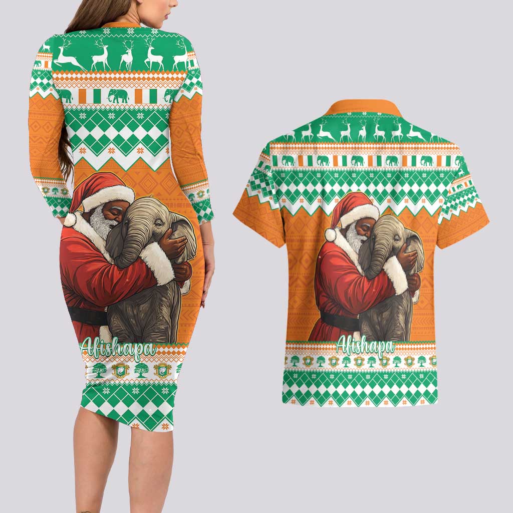 Ivory Coast Christmas Couples Matching Long Sleeve Bodycon Dress and Hawaiian Shirt Black Santa With Forest Elephant - Wonder Print Shop
