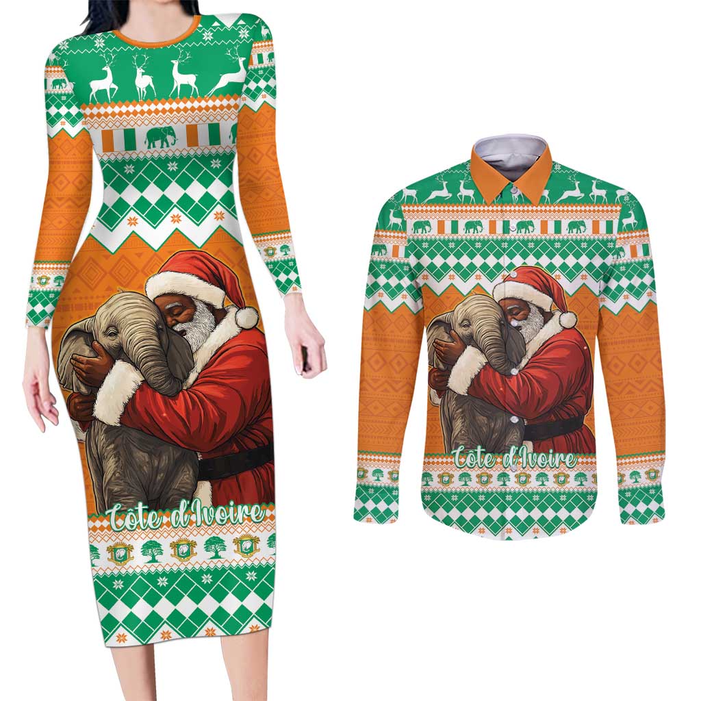 Ivory Coast Christmas Couples Matching Long Sleeve Bodycon Dress and Long Sleeve Button Shirt Black Santa With Forest Elephant - Wonder Print Shop