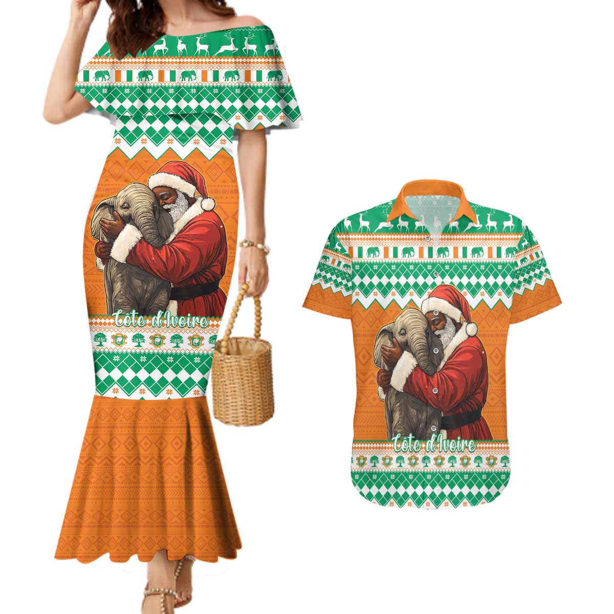 Ivory Coast Christmas Couples Matching Mermaid Dress and Hawaiian Shirt Black Santa With Forest Elephant - Wonder Print Shop