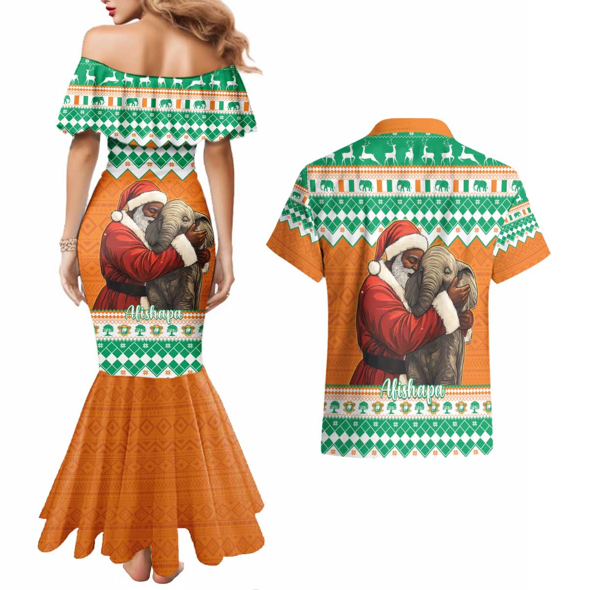 Ivory Coast Christmas Couples Matching Mermaid Dress and Hawaiian Shirt Black Santa With Forest Elephant - Wonder Print Shop