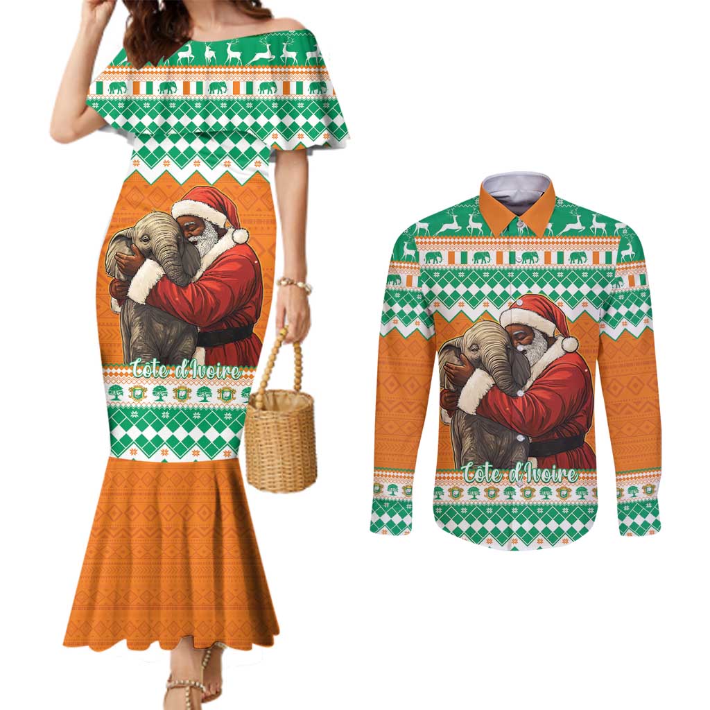 Ivory Coast Christmas Couples Matching Mermaid Dress and Long Sleeve Button Shirt Black Santa With Forest Elephant