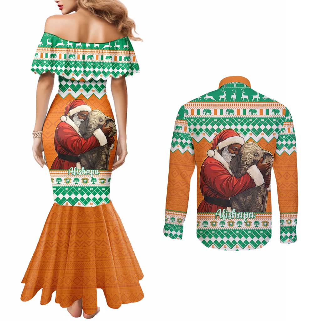 Ivory Coast Christmas Couples Matching Mermaid Dress and Long Sleeve Button Shirt Black Santa With Forest Elephant