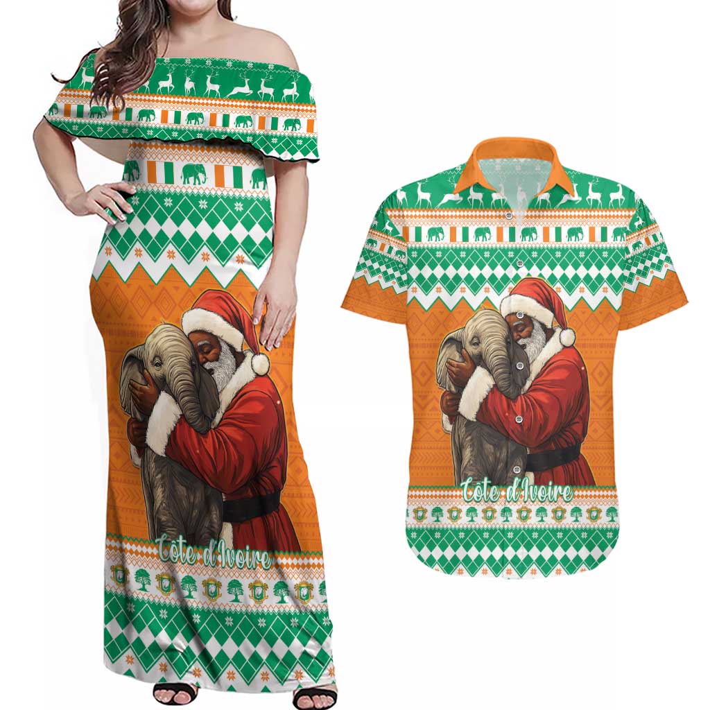 Ivory Coast Christmas Couples Matching Off Shoulder Maxi Dress and Hawaiian Shirt Black Santa With Forest Elephant - Wonder Print Shop