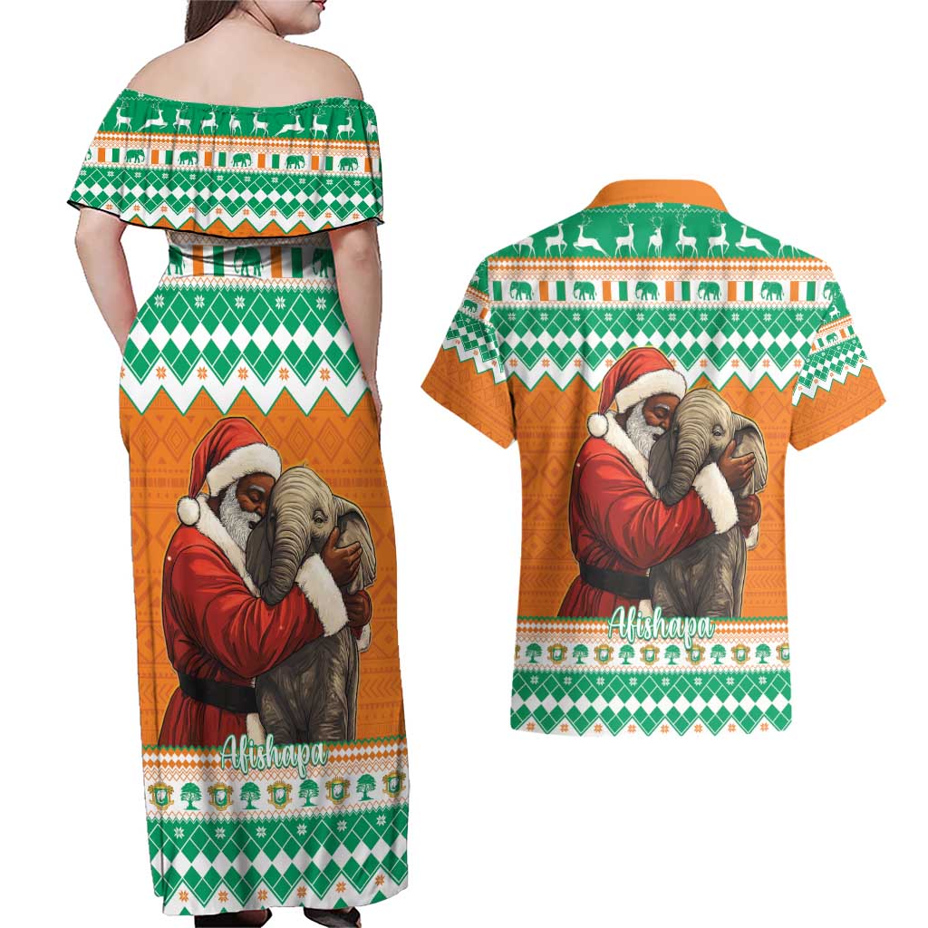 Ivory Coast Christmas Couples Matching Off Shoulder Maxi Dress and Hawaiian Shirt Black Santa With Forest Elephant - Wonder Print Shop