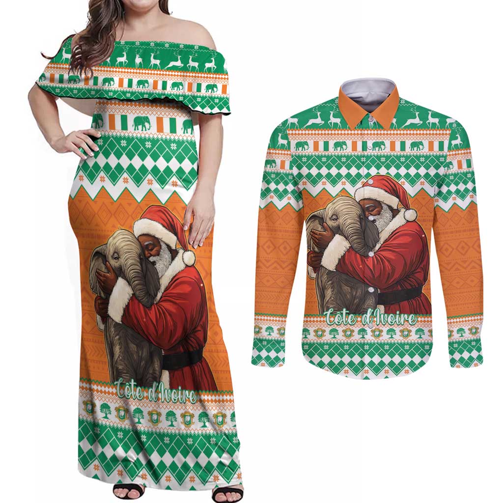 Ivory Coast Christmas Couples Matching Off Shoulder Maxi Dress and Long Sleeve Button Shirt Black Santa With Forest Elephant - Wonder Print Shop