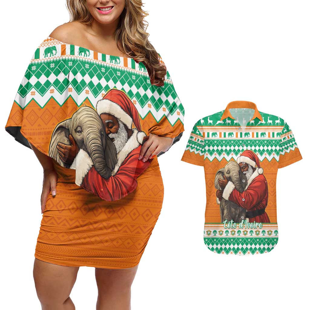 Ivory Coast Christmas Couples Matching Off Shoulder Short Dress and Hawaiian Shirt Black Santa With Forest Elephant - Wonder Print Shop