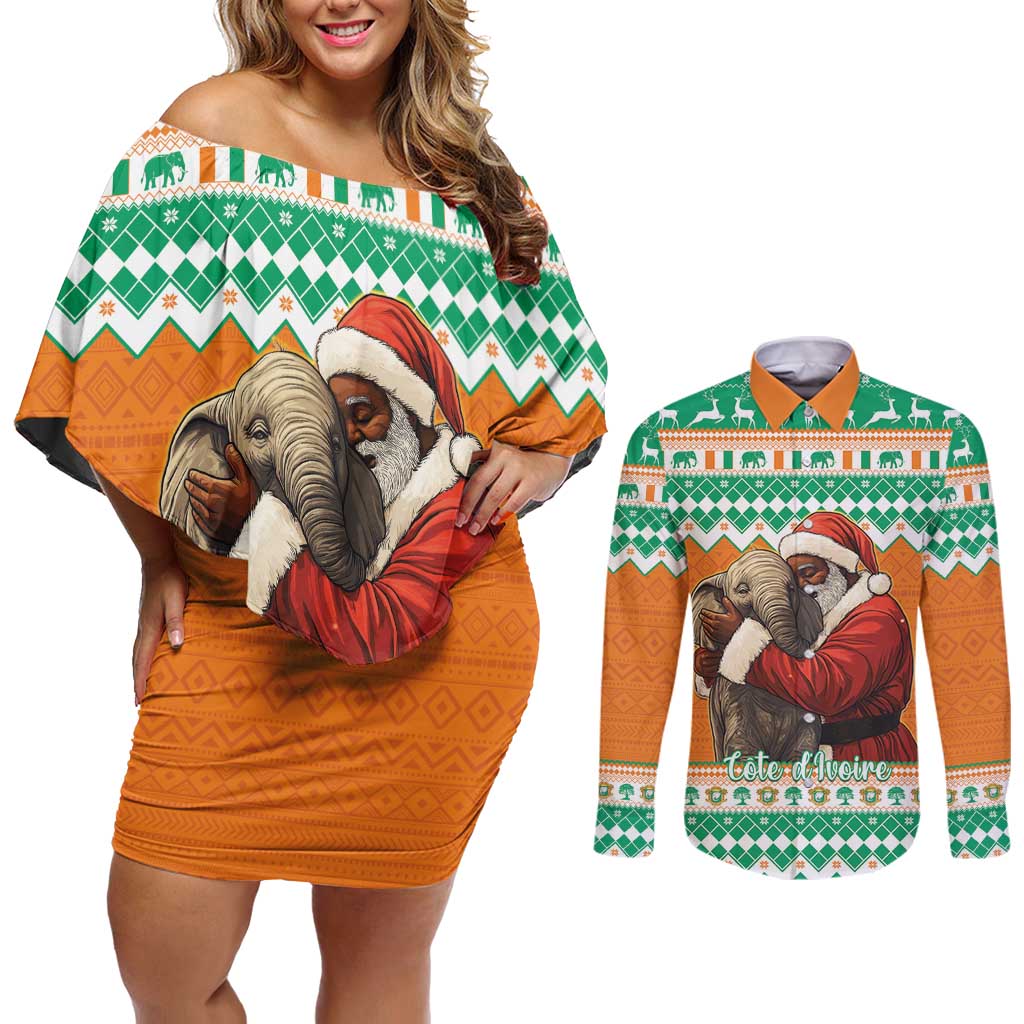 Ivory Coast Christmas Couples Matching Off Shoulder Short Dress and Long Sleeve Button Shirt Black Santa With Forest Elephant - Wonder Print Shop