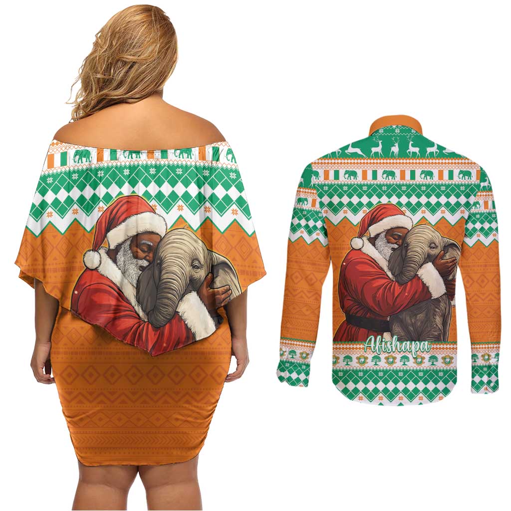 Ivory Coast Christmas Couples Matching Off Shoulder Short Dress and Long Sleeve Button Shirt Black Santa With Forest Elephant - Wonder Print Shop