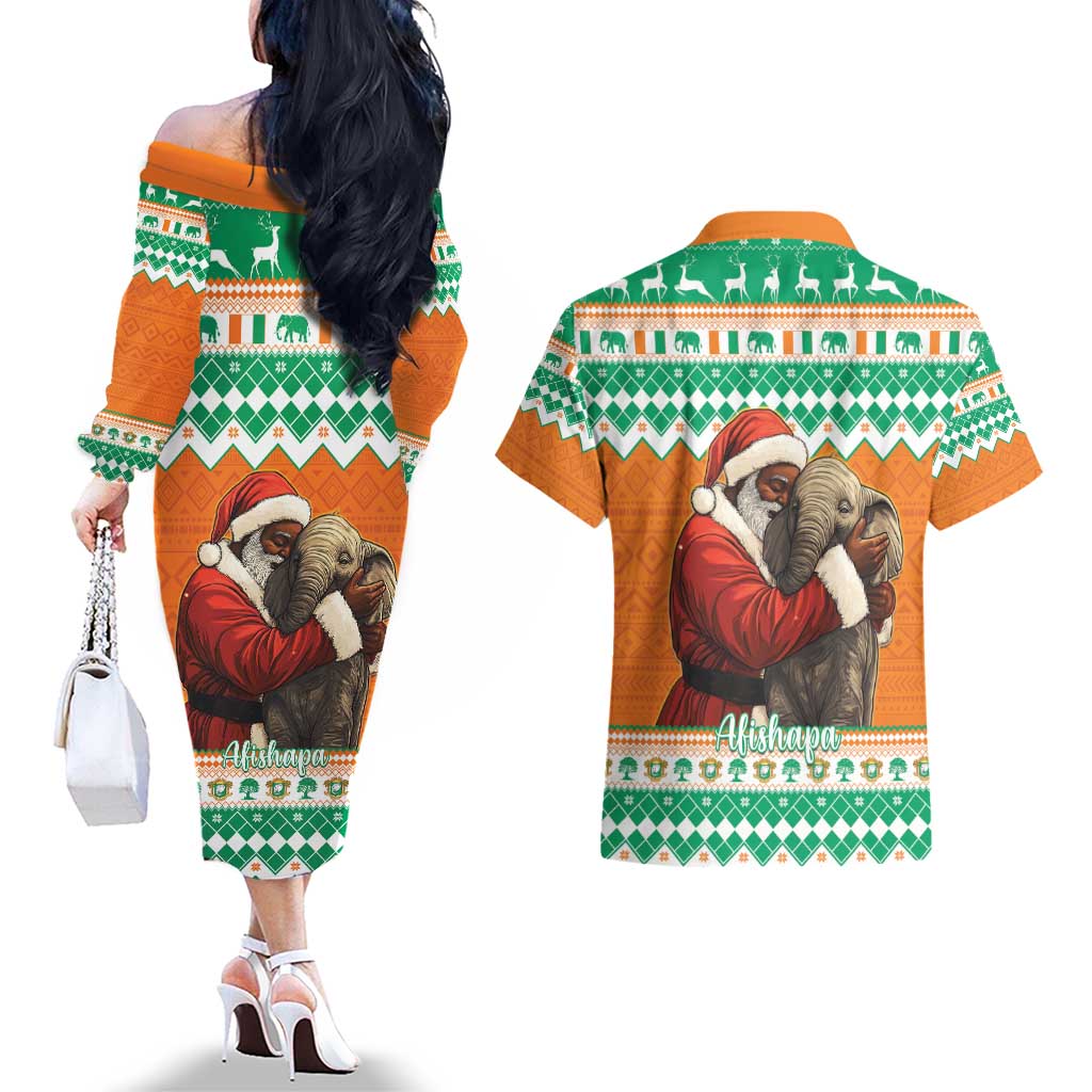 Ivory Coast Christmas Couples Matching Off The Shoulder Long Sleeve Dress and Hawaiian Shirt Black Santa With Forest Elephant - Wonder Print Shop