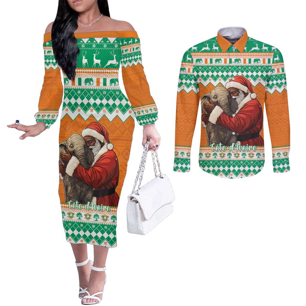 Ivory Coast Christmas Couples Matching Off The Shoulder Long Sleeve Dress and Long Sleeve Button Shirt Black Santa With Forest Elephant