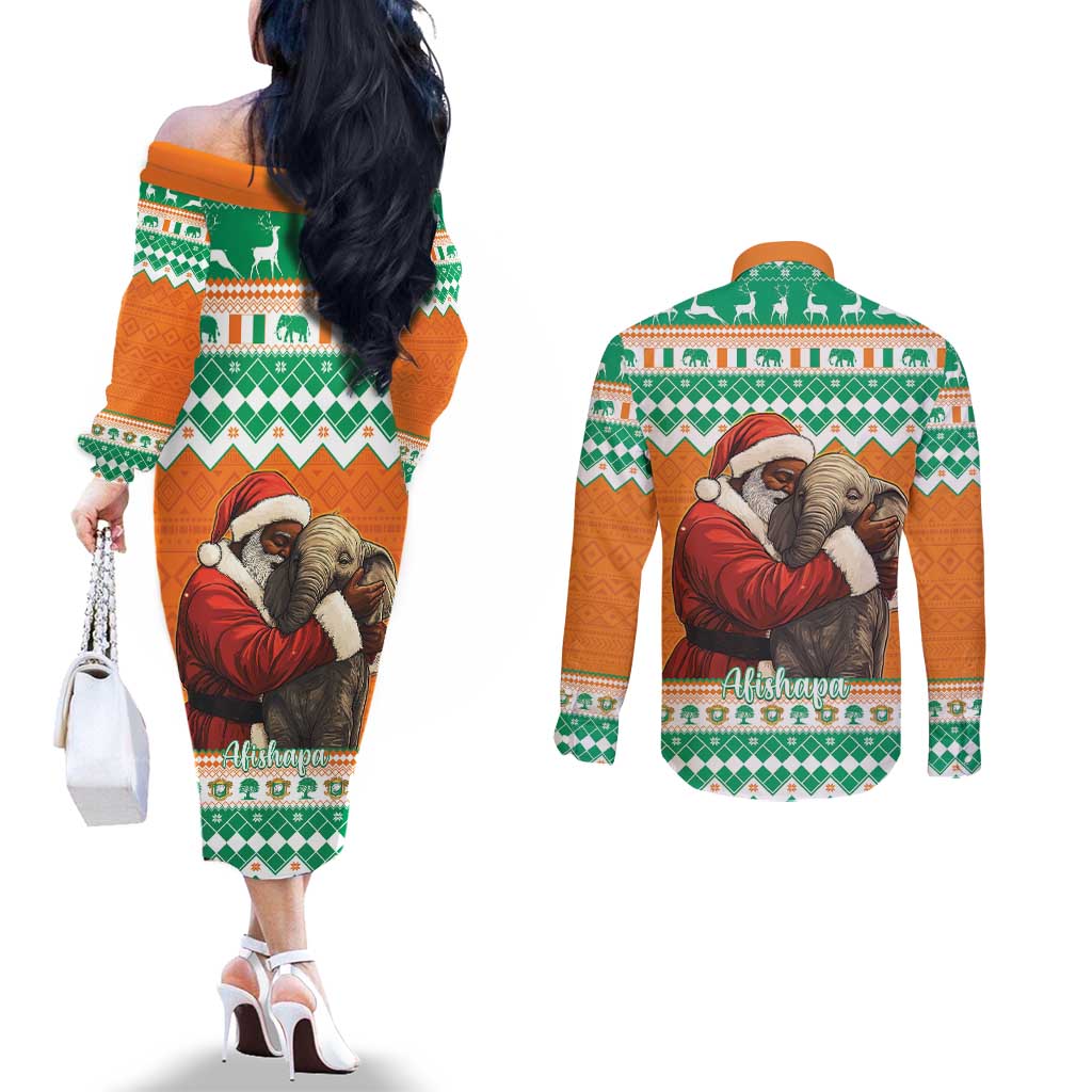 Ivory Coast Christmas Couples Matching Off The Shoulder Long Sleeve Dress and Long Sleeve Button Shirt Black Santa With Forest Elephant