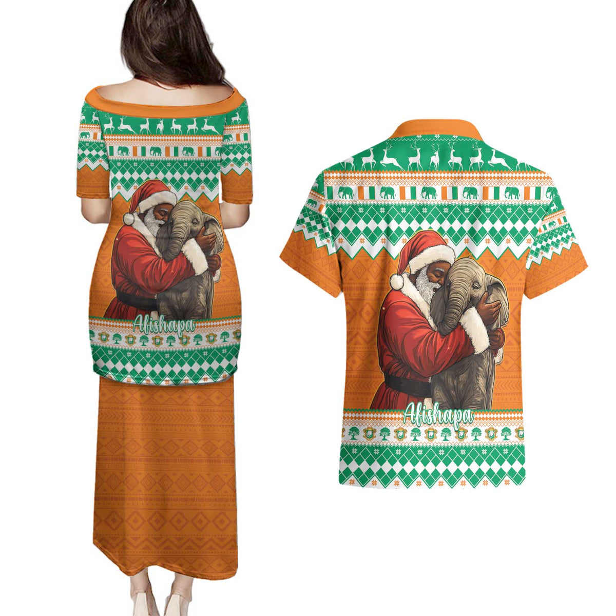 Ivory Coast Christmas Couples Matching Puletasi and Hawaiian Shirt Black Santa With Forest Elephant - Wonder Print Shop