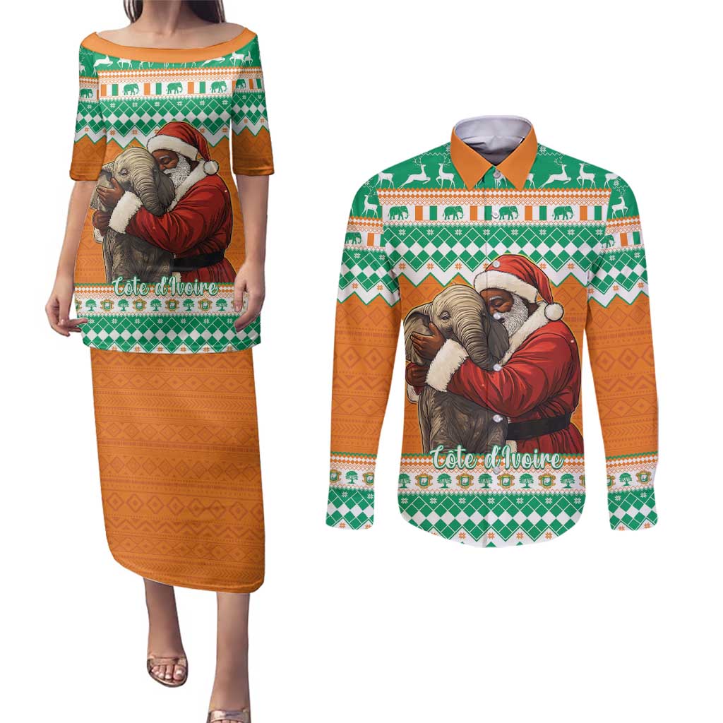 Ivory Coast Christmas Couples Matching Puletasi and Long Sleeve Button Shirt Black Santa With Forest Elephant - Wonder Print Shop