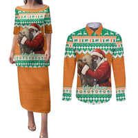 Ivory Coast Christmas Couples Matching Puletasi and Long Sleeve Button Shirt Black Santa With Forest Elephant - Wonder Print Shop
