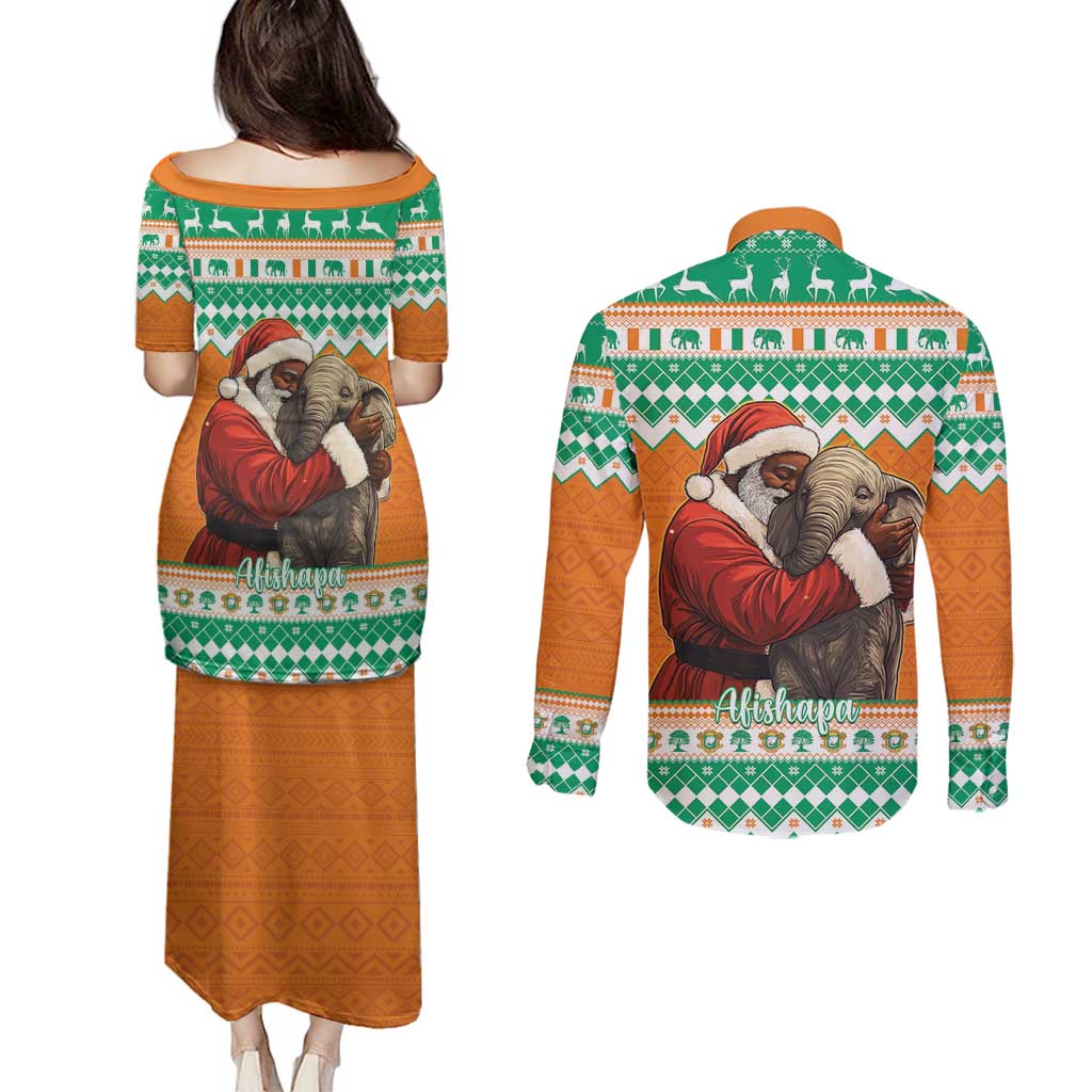 Ivory Coast Christmas Couples Matching Puletasi and Long Sleeve Button Shirt Black Santa With Forest Elephant - Wonder Print Shop