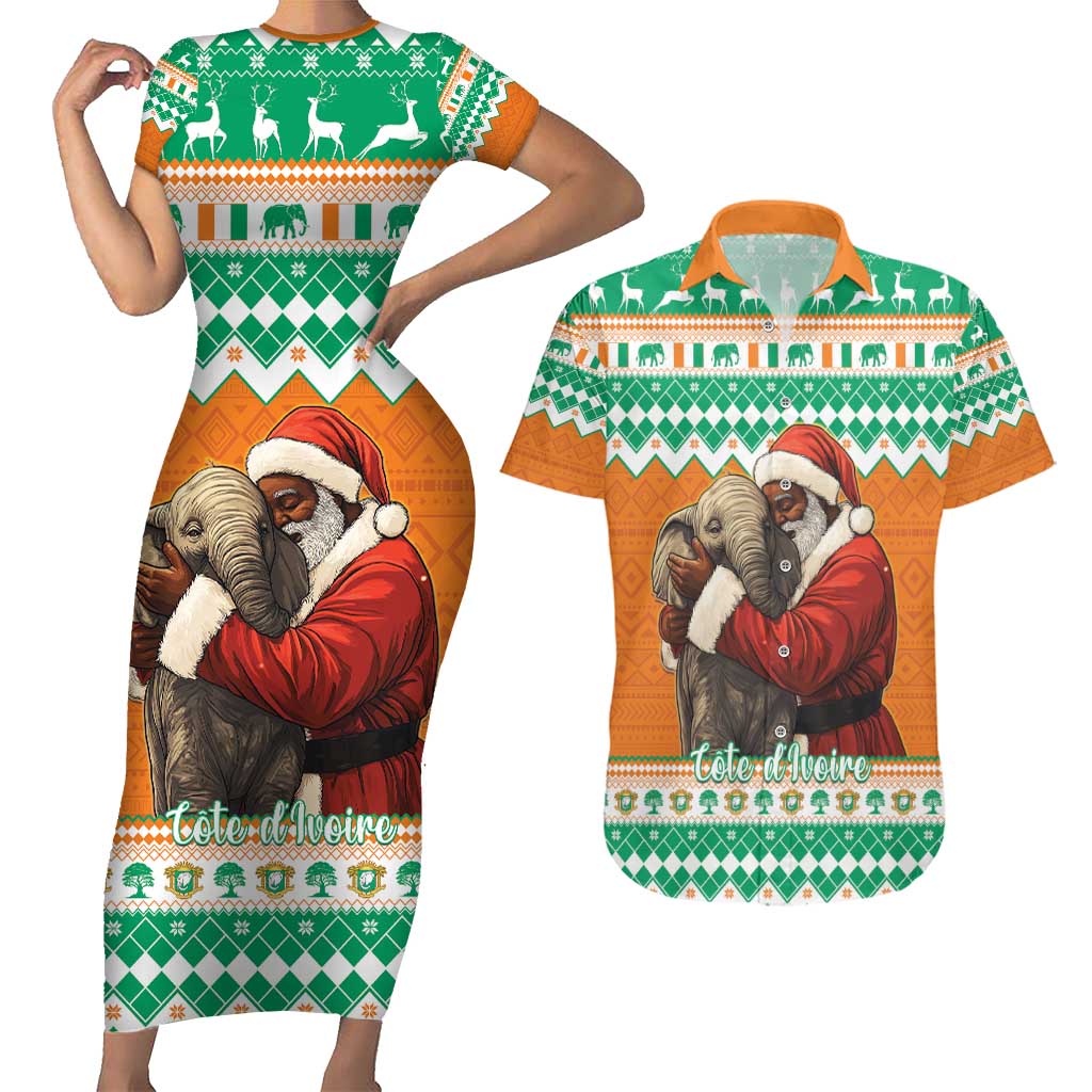 Ivory Coast Christmas Couples Matching Short Sleeve Bodycon Dress and Hawaiian Shirt Black Santa With Forest Elephant - Wonder Print Shop