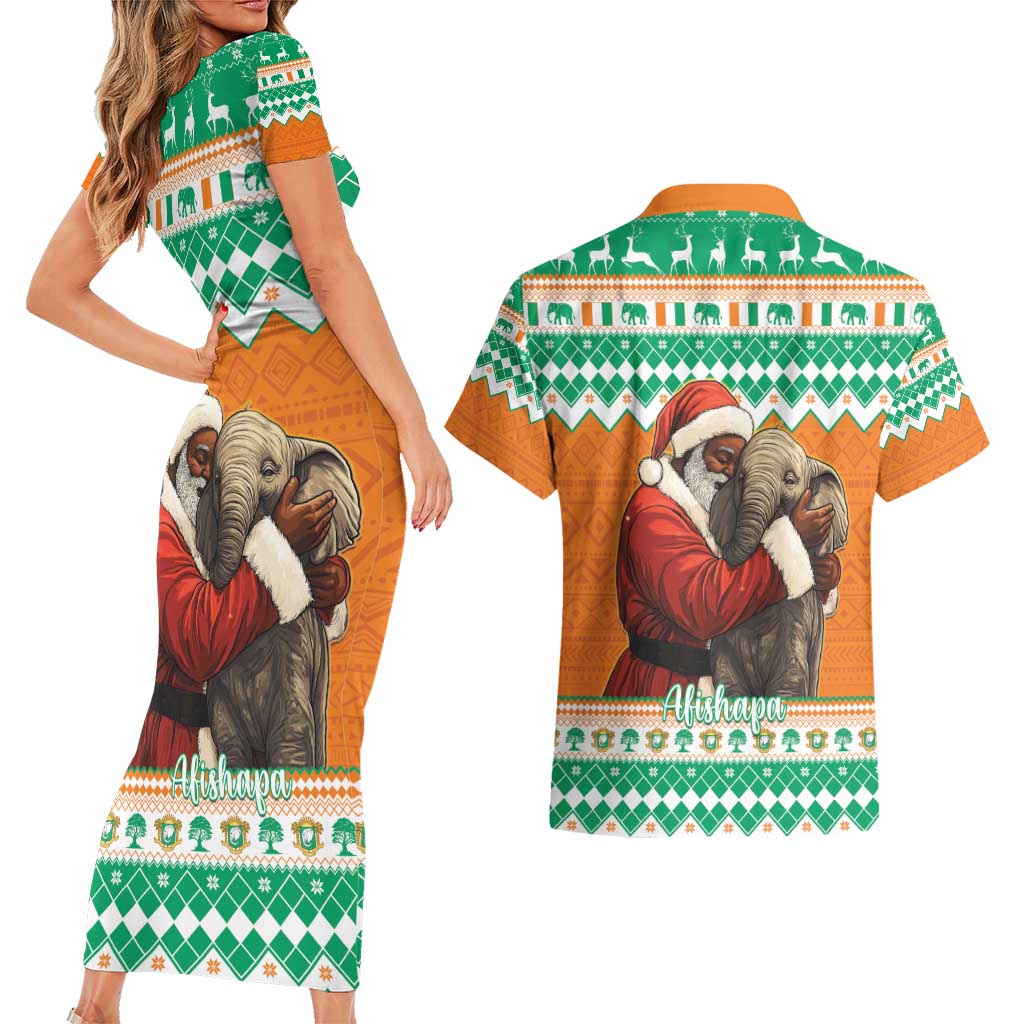 Ivory Coast Christmas Couples Matching Short Sleeve Bodycon Dress and Hawaiian Shirt Black Santa With Forest Elephant - Wonder Print Shop