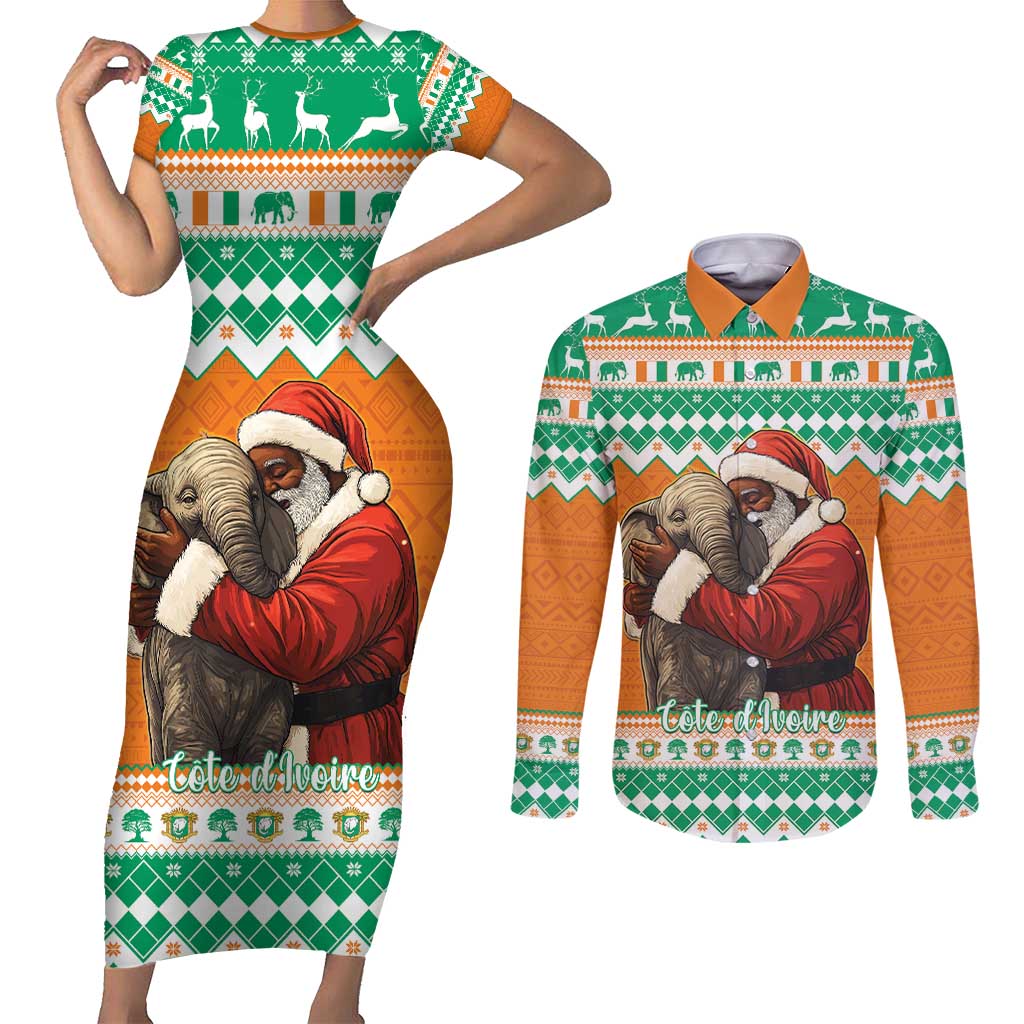 Ivory Coast Christmas Couples Matching Short Sleeve Bodycon Dress and Long Sleeve Button Shirt Black Santa With Forest Elephant - Wonder Print Shop