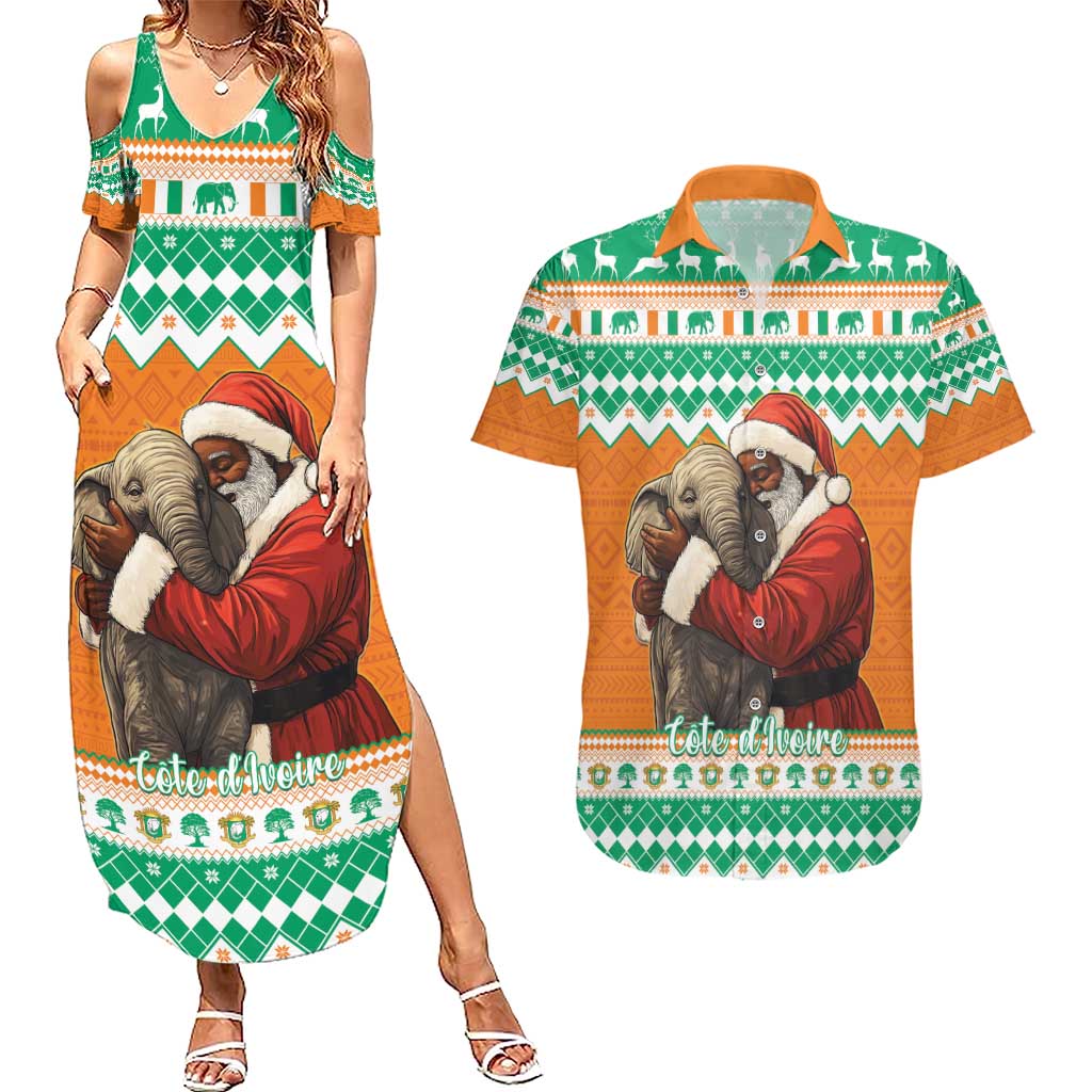 Ivory Coast Christmas Couples Matching Summer Maxi Dress and Hawaiian Shirt Black Santa With Forest Elephant - Wonder Print Shop