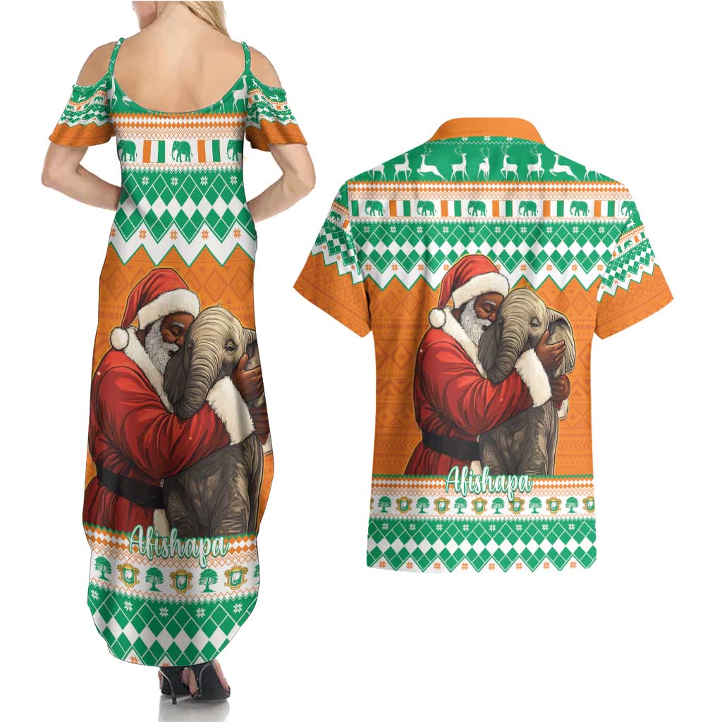 Ivory Coast Christmas Couples Matching Summer Maxi Dress and Hawaiian Shirt Black Santa With Forest Elephant - Wonder Print Shop
