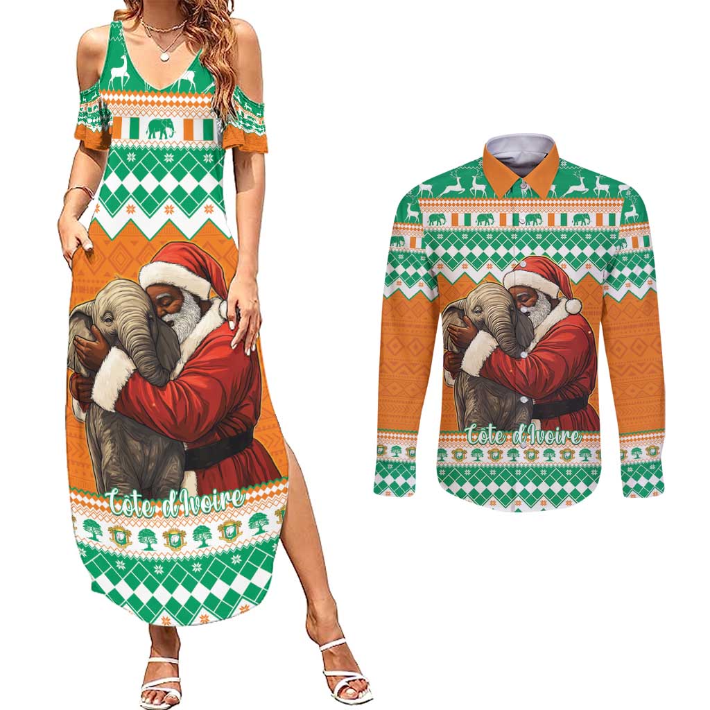 Ivory Coast Christmas Couples Matching Summer Maxi Dress and Long Sleeve Button Shirt Black Santa With Forest Elephant - Wonder Print Shop