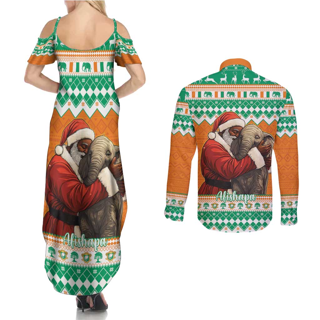 Ivory Coast Christmas Couples Matching Summer Maxi Dress and Long Sleeve Button Shirt Black Santa With Forest Elephant - Wonder Print Shop