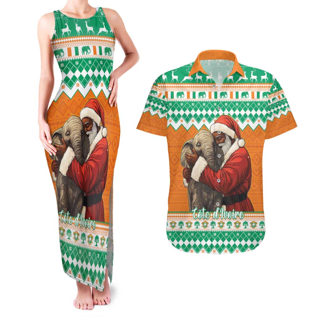 Ivory Coast Christmas Couples Matching Tank Maxi Dress and Hawaiian Shirt Black Santa With Forest Elephant - Wonder Print Shop