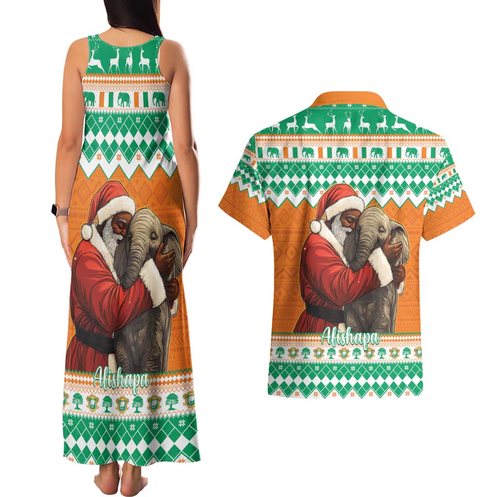 Ivory Coast Christmas Couples Matching Tank Maxi Dress and Hawaiian Shirt Black Santa With Forest Elephant - Wonder Print Shop