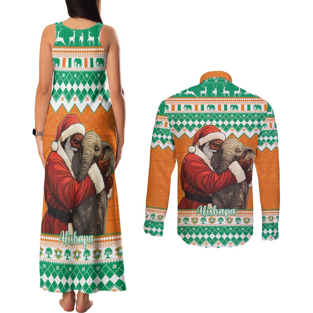 Ivory Coast Christmas Couples Matching Tank Maxi Dress and Long Sleeve Button Shirt Black Santa With Forest Elephant - Wonder Print Shop