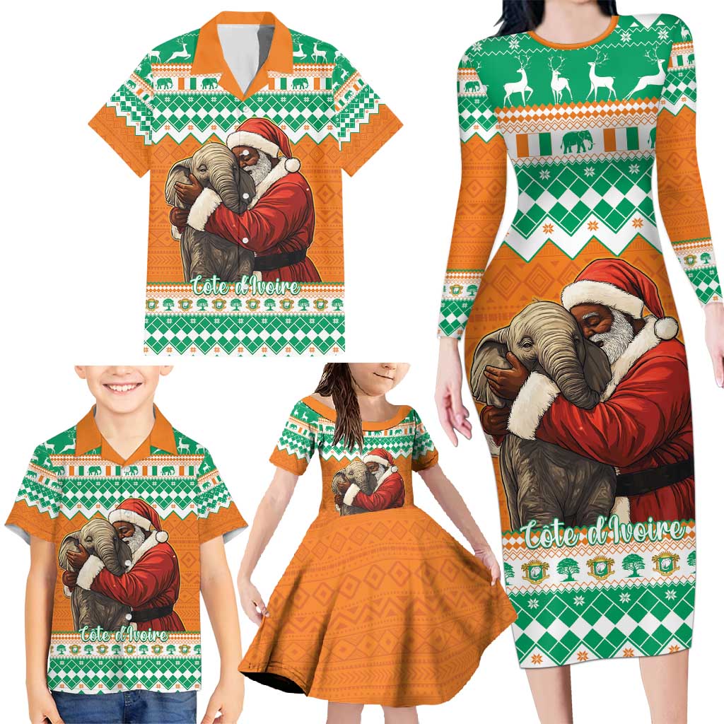 Ivory Coast Christmas Family Matching Long Sleeve Bodycon Dress and Hawaiian Shirt Black Santa With Forest Elephant - Wonder Print Shop