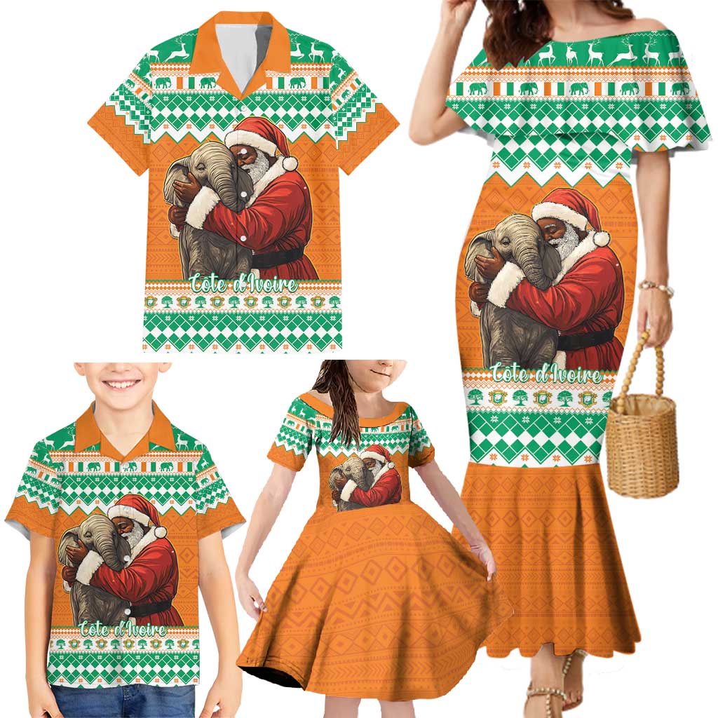 Ivory Coast Christmas Family Matching Mermaid Dress and Hawaiian Shirt Black Santa With Forest Elephant - Wonder Print Shop