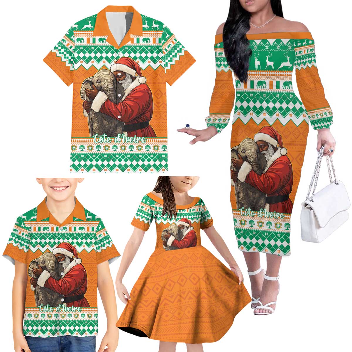 Ivory Coast Christmas Family Matching Off The Shoulder Long Sleeve Dress and Hawaiian Shirt Black Santa With Forest Elephant - Wonder Print Shop