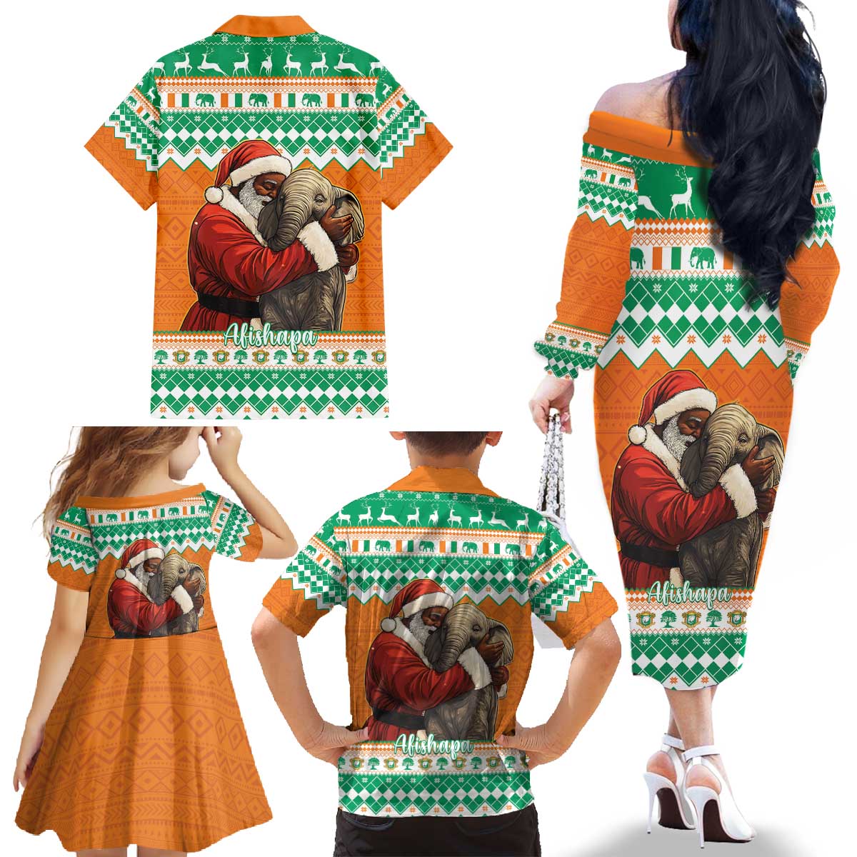 Ivory Coast Christmas Family Matching Off The Shoulder Long Sleeve Dress and Hawaiian Shirt Black Santa With Forest Elephant - Wonder Print Shop
