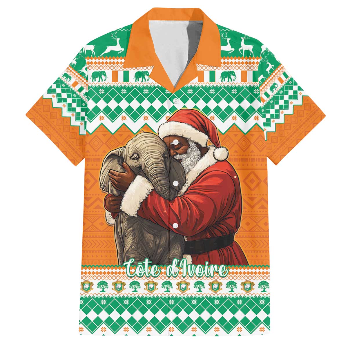 Ivory Coast Christmas Family Matching Off The Shoulder Long Sleeve Dress and Hawaiian Shirt Black Santa With Forest Elephant - Wonder Print Shop