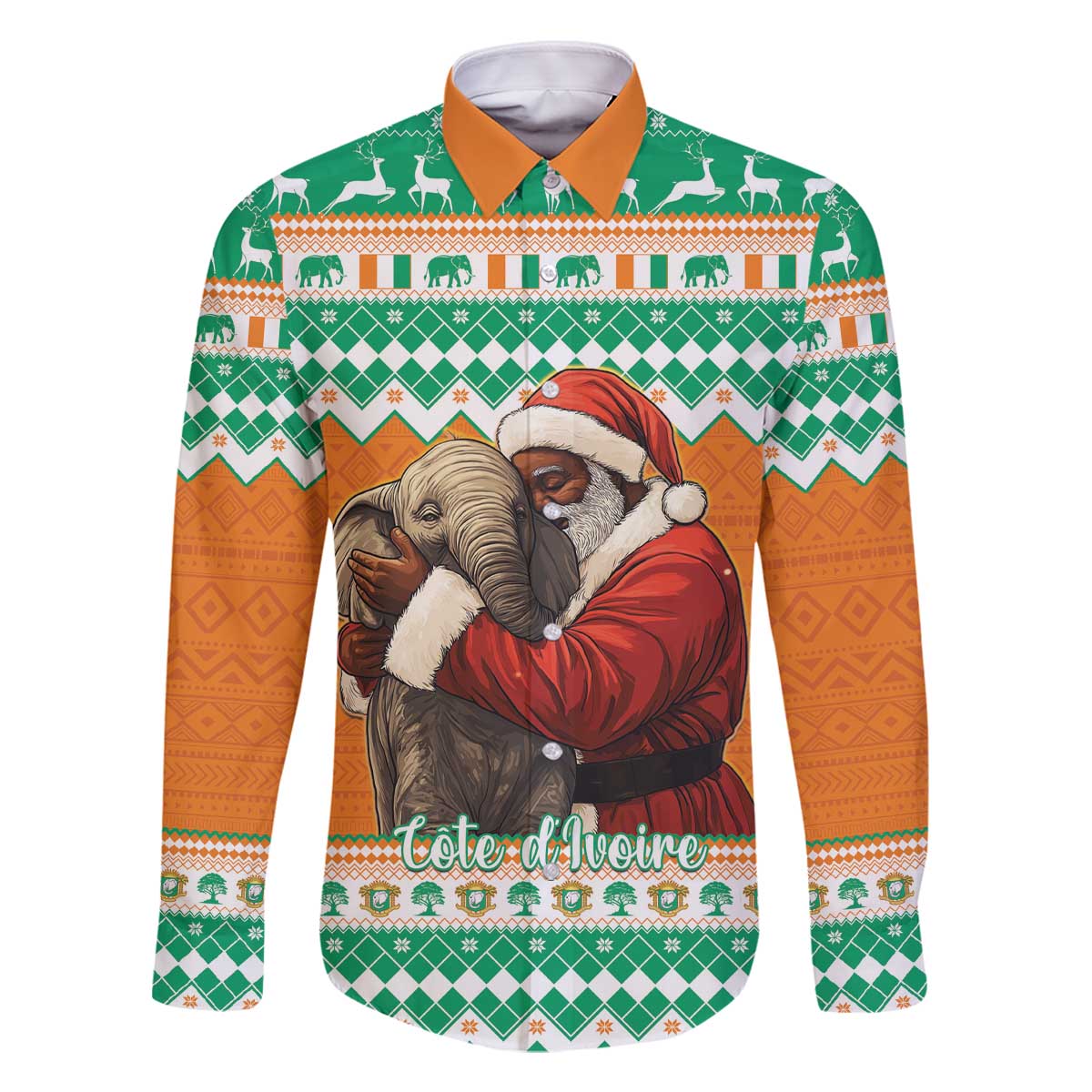 Ivory Coast Christmas Family Matching Off The Shoulder Long Sleeve Dress and Hawaiian Shirt Black Santa With Forest Elephant - Wonder Print Shop