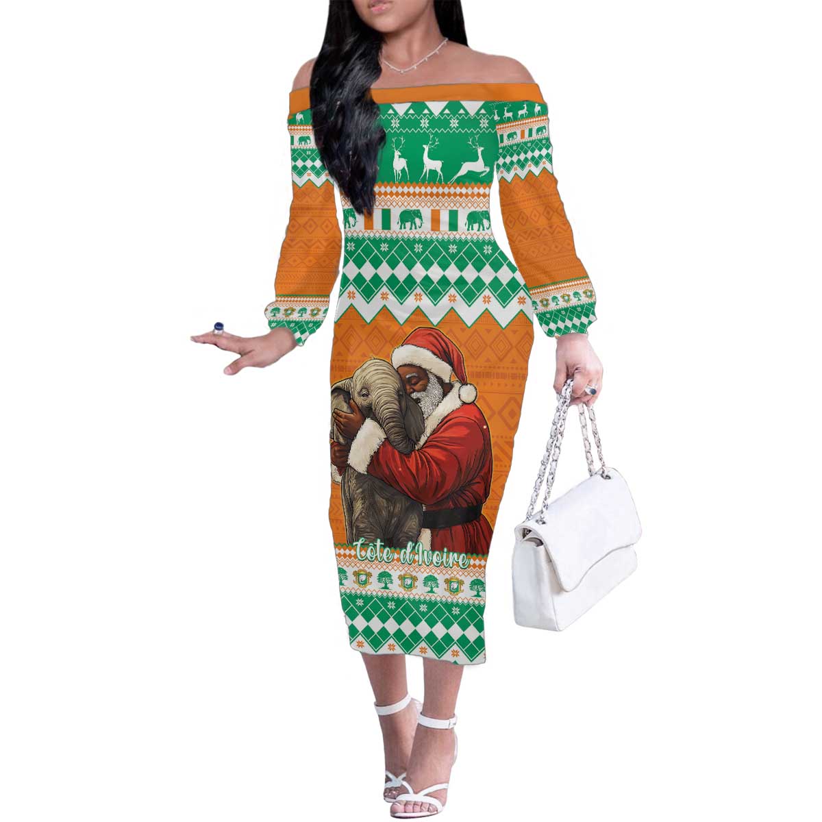 Ivory Coast Christmas Family Matching Off The Shoulder Long Sleeve Dress and Hawaiian Shirt Black Santa With Forest Elephant - Wonder Print Shop