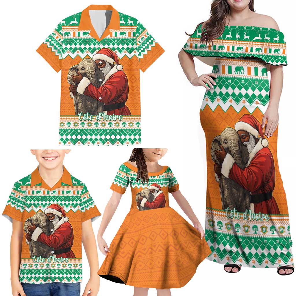 Ivory Coast Christmas Family Matching Off Shoulder Maxi Dress and Hawaiian Shirt Black Santa With Forest Elephant - Wonder Print Shop