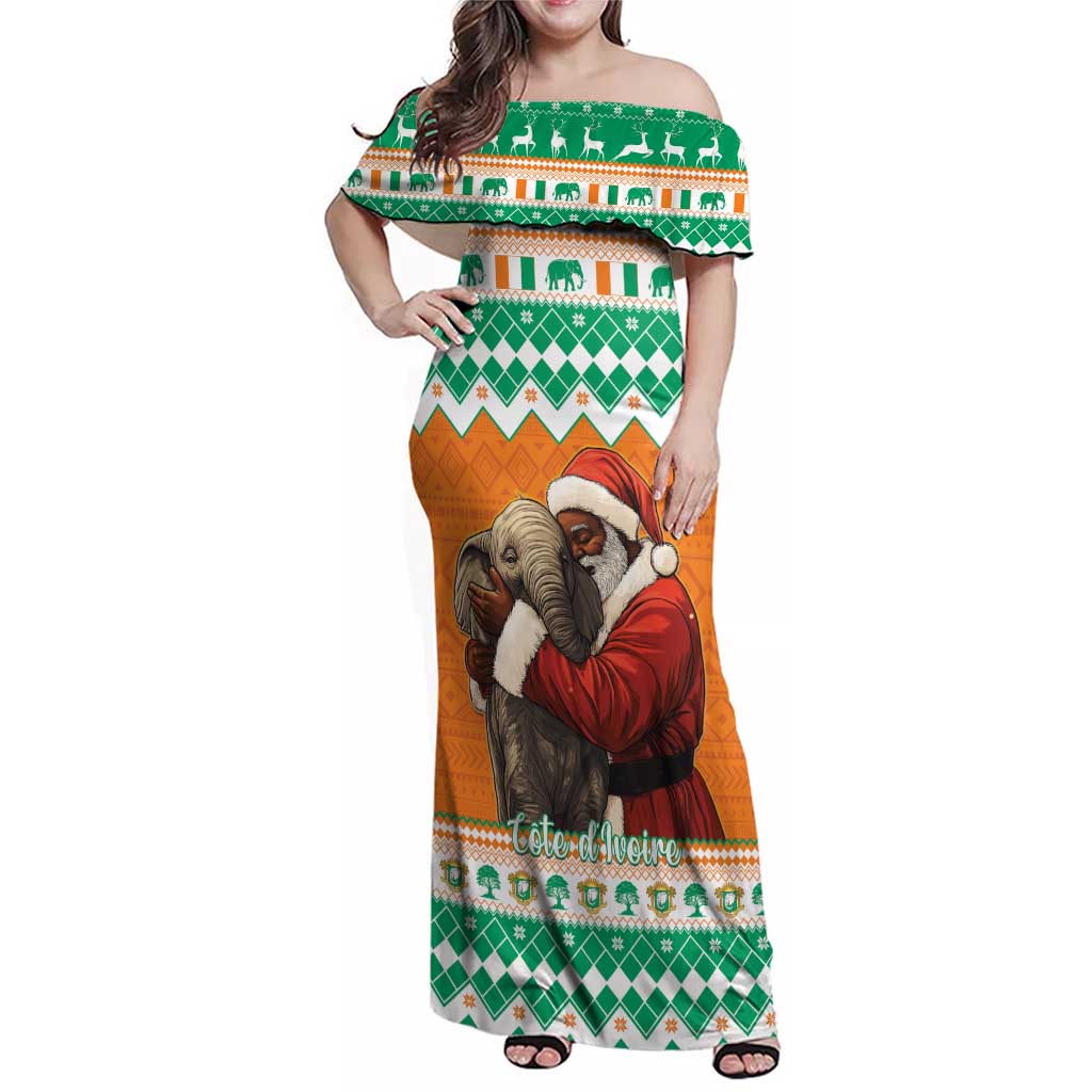 Ivory Coast Christmas Family Matching Off Shoulder Maxi Dress and Hawaiian Shirt Black Santa With Forest Elephant - Wonder Print Shop
