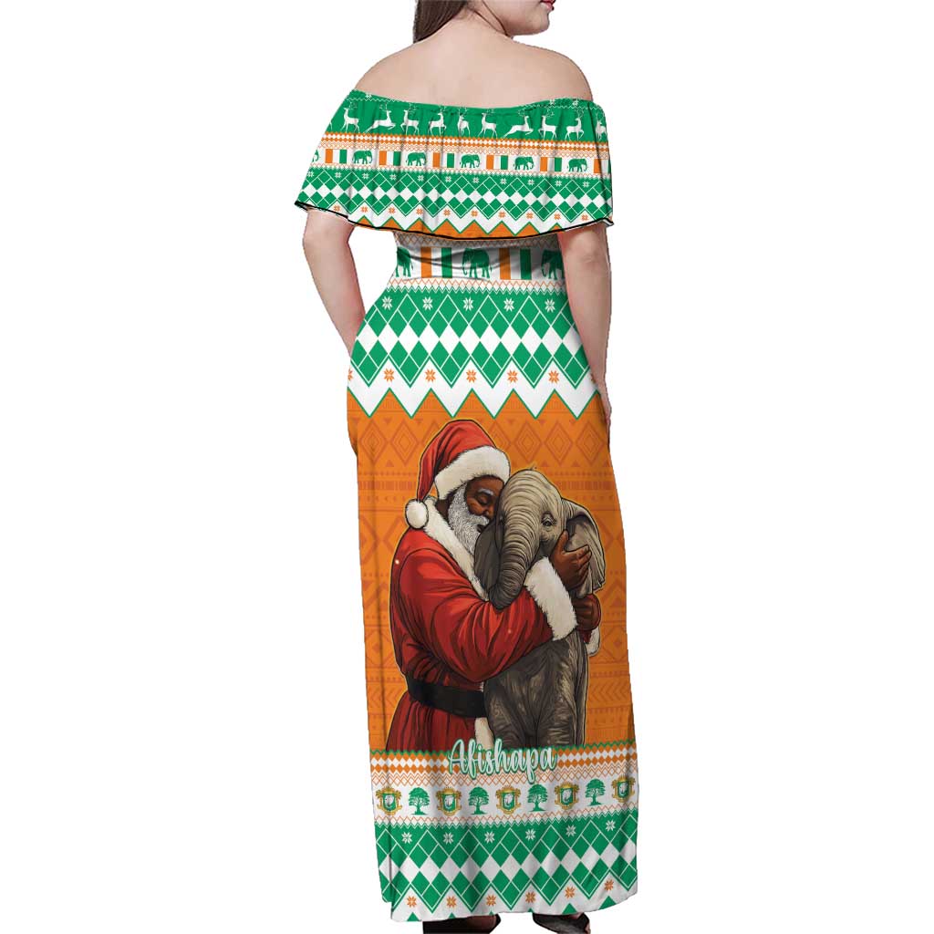 Ivory Coast Christmas Family Matching Off Shoulder Maxi Dress and Hawaiian Shirt Black Santa With Forest Elephant - Wonder Print Shop