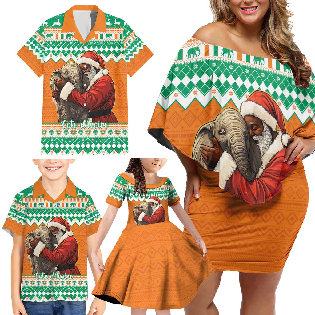 Ivory Coast Christmas Family Matching Off Shoulder Short Dress and Hawaiian Shirt Black Santa With Forest Elephant - Wonder Print Shop