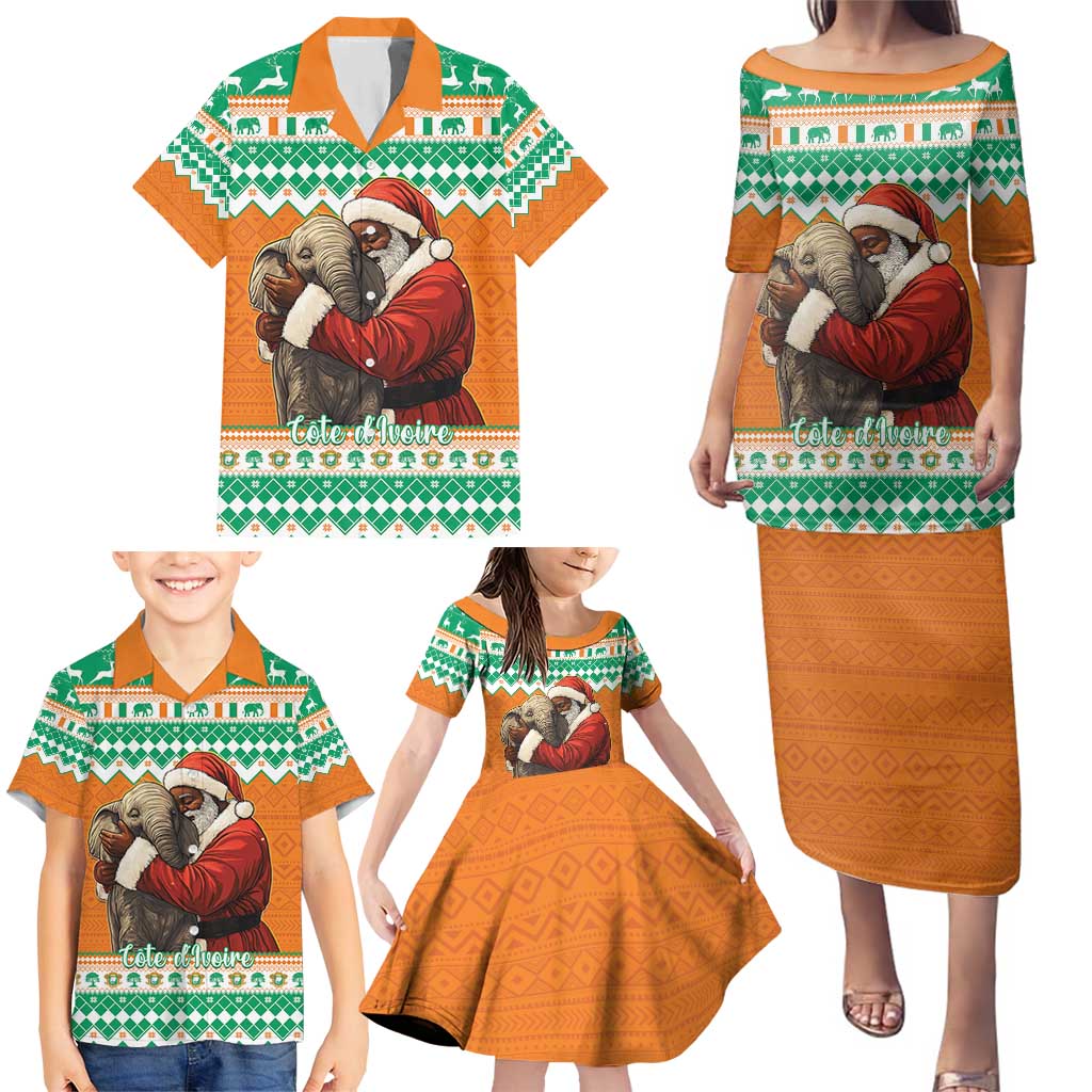 Ivory Coast Christmas Family Matching Puletasi and Hawaiian Shirt Black Santa With Forest Elephant - Wonder Print Shop