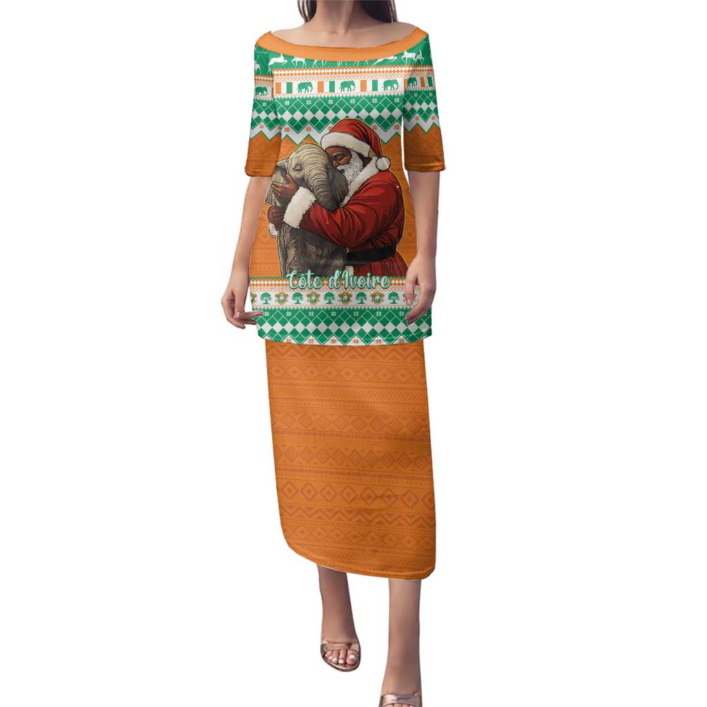 Ivory Coast Christmas Family Matching Puletasi and Hawaiian Shirt Black Santa With Forest Elephant - Wonder Print Shop