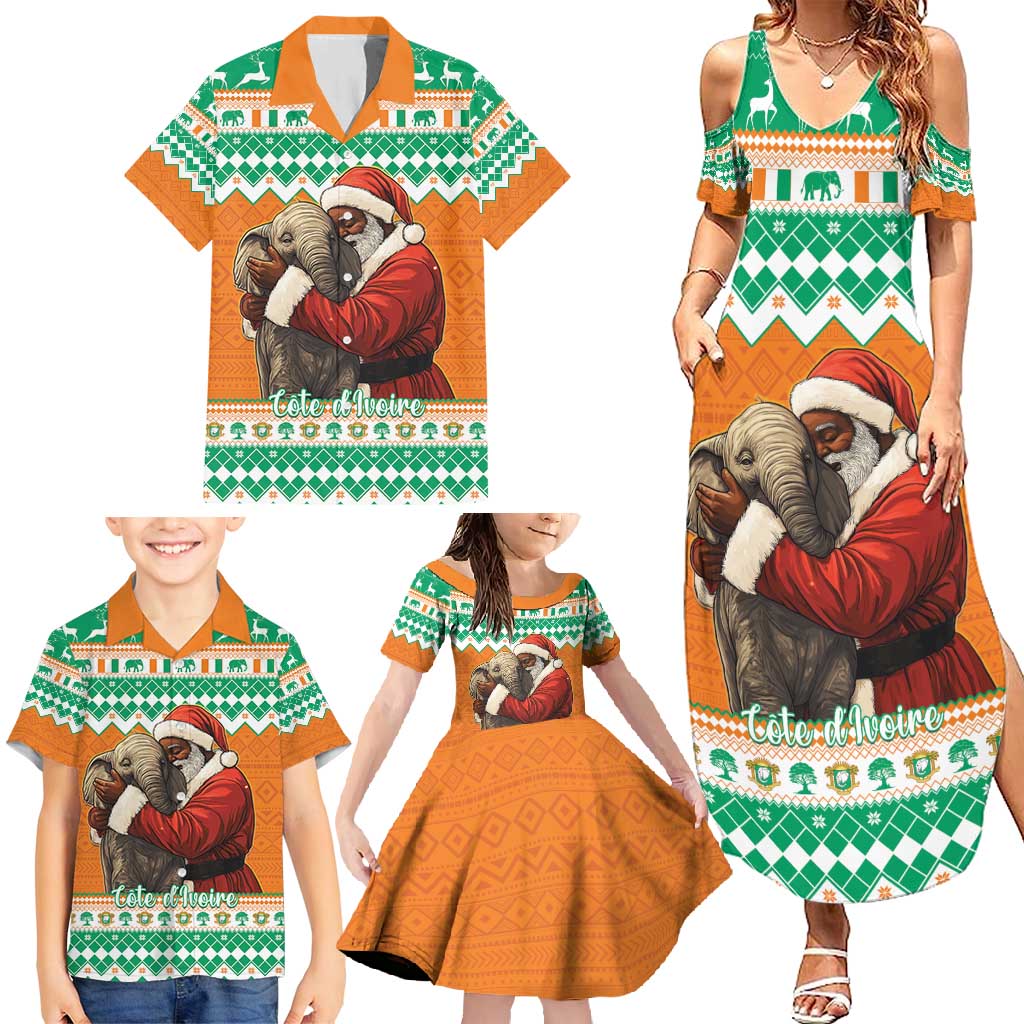 Ivory Coast Christmas Family Matching Summer Maxi Dress and Hawaiian Shirt Black Santa With Forest Elephant - Wonder Print Shop