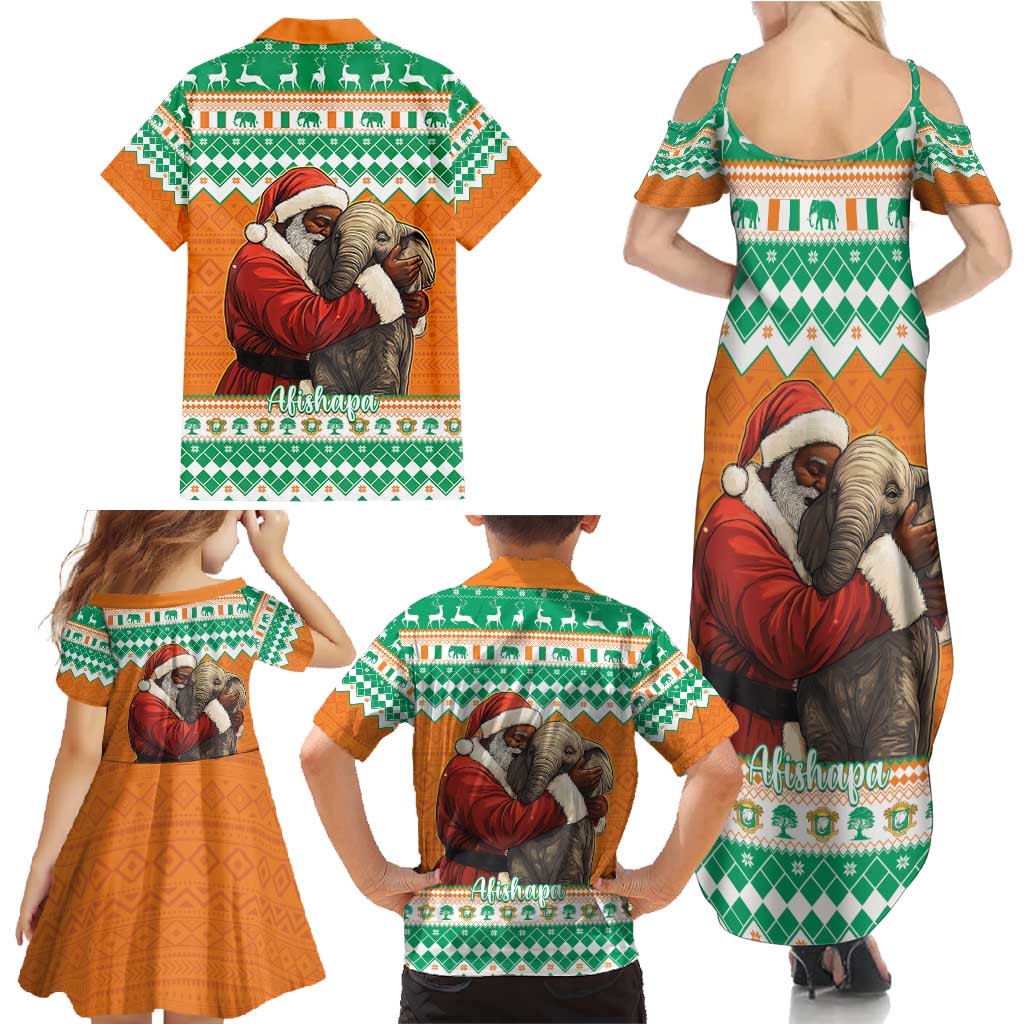 Ivory Coast Christmas Family Matching Summer Maxi Dress and Hawaiian Shirt Black Santa With Forest Elephant - Wonder Print Shop