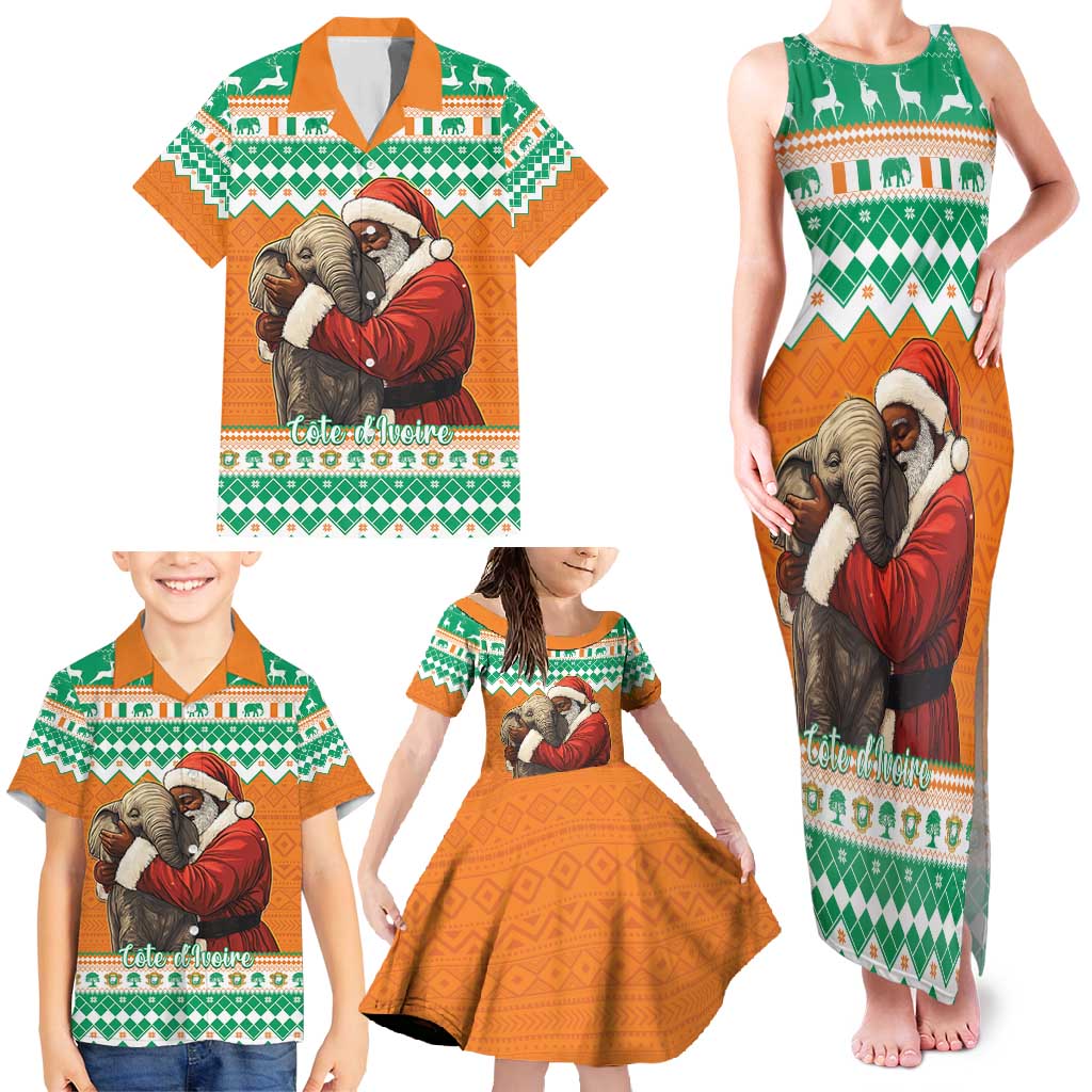 Ivory Coast Christmas Family Matching Tank Maxi Dress and Hawaiian Shirt Black Santa With Forest Elephant - Wonder Print Shop